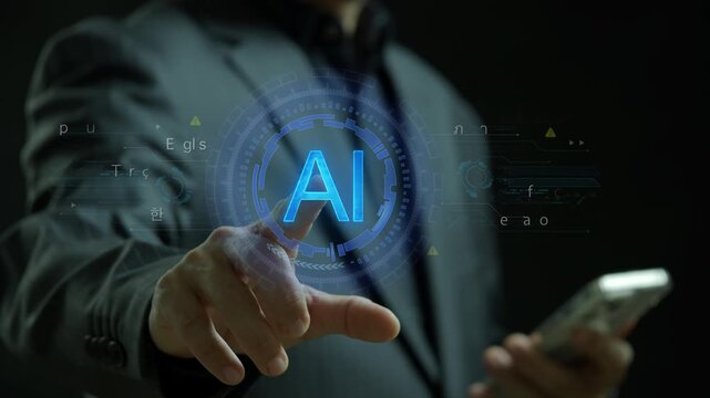 Businessman shows animated neon AI icon surrounded by various language symbols. Represents artificial intelligence in language translation, global communication, and multilingual technology.