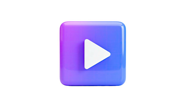 Glossy, 3D purple square with a white play button on a black background