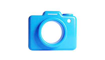 A light blue, simplistic camera icon with a lens cut-out and glossy finish on black