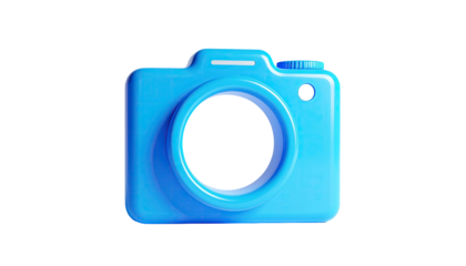 A light blue, simplistic camera icon with a lens cut-out and glossy finish on black