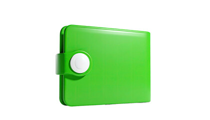 Shiny green wallet with white clasp against black background, 3D render