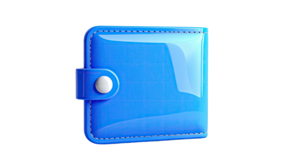 A shiny blue wallet with a button, rendered realistically against a black background