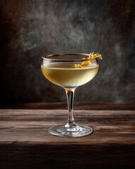 Golden Elixir: A radiant golden cocktail, elegantly presented in a vintage coupe glass, rests gracefully upon a rustic wooden surface, ready to be savored.