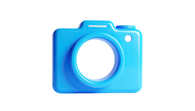 A light blue, simplistic camera icon with a lens cut-out and glossy finish on black