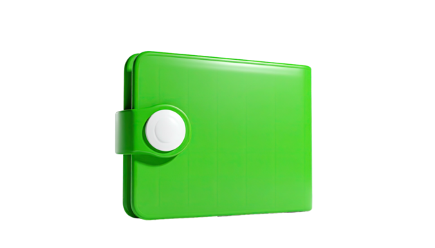 Shiny green wallet with white clasp against black background, 3D render