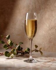 Bubbles of Bliss: A sophisticated Champagne glass, shimmering with effervescent joy, rests gracefully amidst soft shadows and textured surfaces.