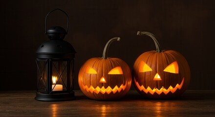 Glow-lit jack-o'-lanterns and rustic lantern creating a spooky Halloween atmosphere in the dark.