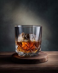 Golden Elixir: A classic old-fashioned glass, glistening with amber liquor and crystal ice cubes, rests on a dark wooden coaster, exuding an ambiance of sophisticated relaxation.