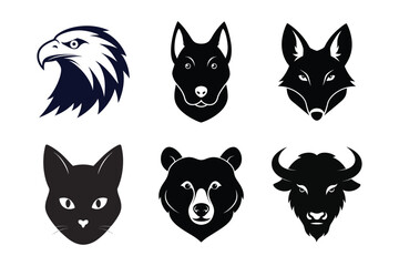Collection of stylized animal heads with bold outlines isolated on white background