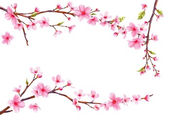 Fototapeta premium Abstract pink cherry blossom twig, floral frame, spring, sakura, vector illustration, isolated on white background, cherry blossom, vector