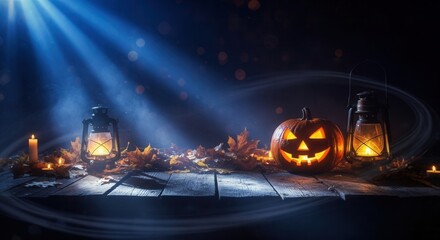 Eerie Halloween Night Background with Glowing Jack-o'-Lantern, Rustic Lanterns, Candles, and Autumn Leaves on a Dark Wooden Table