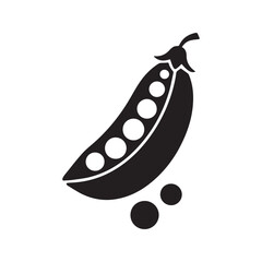 Stylized pea pod silhouette icon. Simple black and white vector illustration of an open legume with peas, representing healthy food and vegetables.
