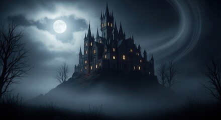 Eerie gothic castle on a misty hilltop at night, glowing windows under a full moon, dark fantasy landscape with bare trees.