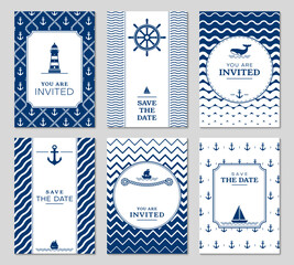 Marine Nautical invite and templates. Vector set of navy blue and white invitation cards with maritime icons like anchor, lighthouse, steering wheel, ship and whale evoke ocean vibes for marine events