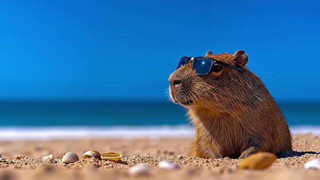 A capybara wearing sunglasses on the beach with shells in the sand