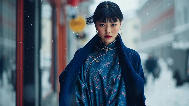 Model in minimalist Nordic coat layered over a silk cheongsam dress, snowy street scene.