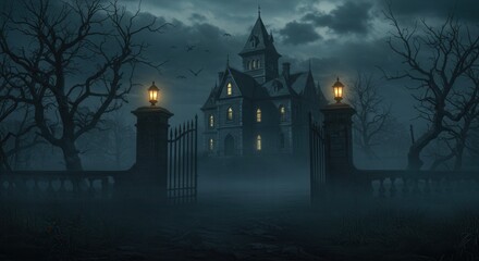 Haunted mansion in thick fog on a dark, mysterious night, surrounded by twisted bare trees and glowing lanterns at the ominous gate.