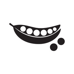 Stylized pea pod silhouette icon. Simple black and white vector illustration of an open legume with peas, representing healthy food and vegetables.
