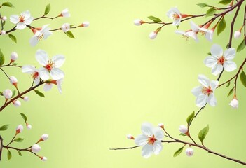 Fototapeta premium Light green banner framed by delicate white cherry blossoms, leaves, and branches Spring floral design for greeting cards, pastel colors, greeting card template