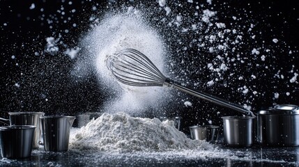 Flour explosion kitchen dynamic stainless whisk spinning flour cloud creating spiral white powder patterns black surface measuring cups tools