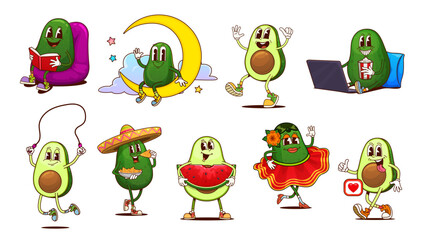 Cartoon groovy mexican avocado characters, funny green fruits, vegan food vector personages. Retro groovy hippie avocados in sombrero eating taco and dancing. Whole and half green fruits characters