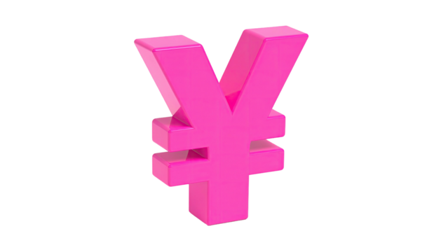 A 3D pink currency symbol floating against a black background