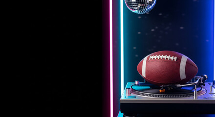 A football resting on a DJ turntable, positioned neatly to the right side of the frame. The left half remains uncluttered dark surface for text placement. Neon lighting emphasizes music and nightlife