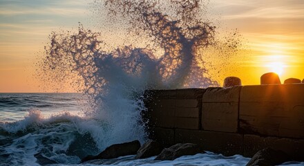 Dramatic Wave Impact at Sunset Casting Sunrays Over a Coastal Defense Wall