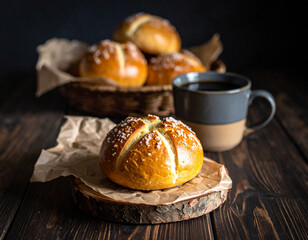 Warm, golden-brown rolls sprinkled with salt, served with a steaming cup of coffee on a rustic wooden surface, perfect for a cozy breakfast or snack