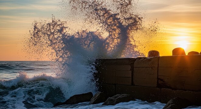 Dramatic Wave Impact at Sunset Casting Sunrays Over a Coastal Defense Wall