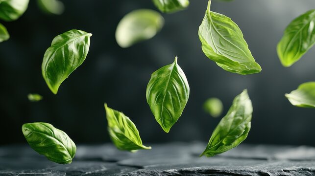Basil leaf flutter fresh green herbs falling motion culinary dynamics kitchen air ingredient movement food photography dark background