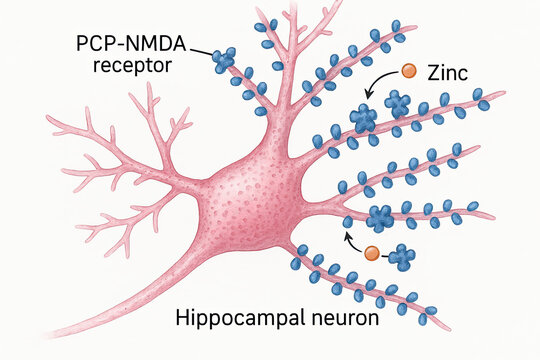 Illustration of a hippocampal neuron showing PCP-NMDA receptors and zinc binding