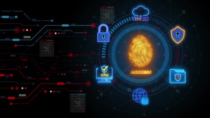 Fingerprint, printed circuit, releasing binary codes, microchip concept and data processing and digital identification concept. 4K animation of fingerprint scanner isolated on black background. - Powered by Adobe