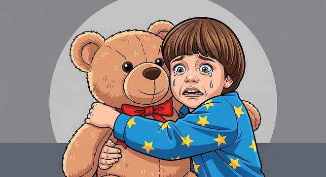 Sad Child with Teddy Bear.