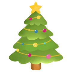 Watercolor cartoon illustration of a decorated Christmas tree with colorful baubles and a yellow star on top. Ideal for Christmas and New Year festive designs.