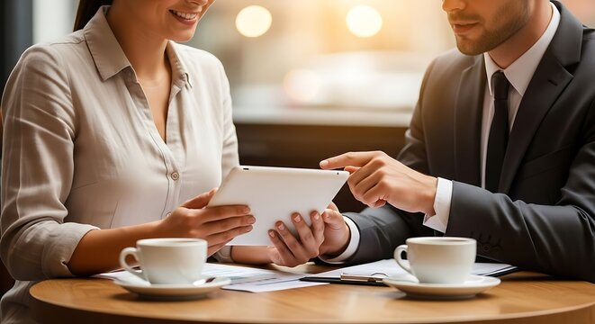 Stylish Collaborative Meeting with Digital Tablet at the Cafe Table Desk