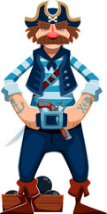 Cartoon pirate and ship crew character with striped shirt, tattoos, and stern expression stands confidently near cannonballs. Vector Caribbean corsair dressed in traditional attire with hat and pistol
