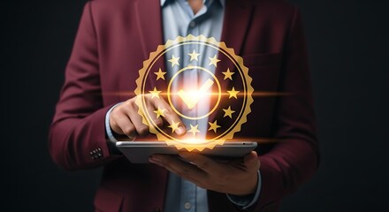 Modern Glowing Circle Checkmark Sign Best Quality Assurance Concept Design