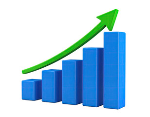 3D graphic of rising blue bar graph with upward green arrow