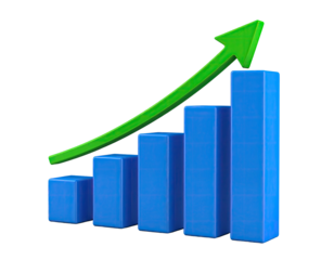 3D graphic of rising blue bar graph with upward green arrow