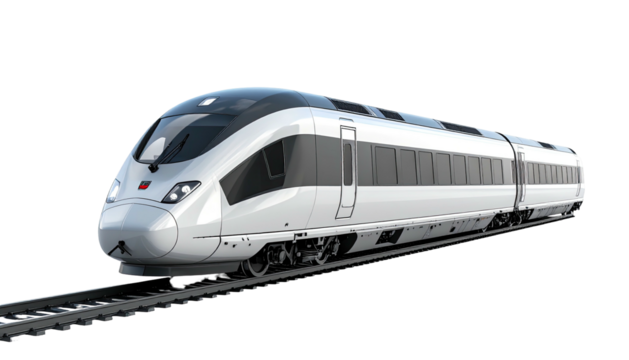 Sleek, white high-speed rail train on tracks, set against a dark, transparent background