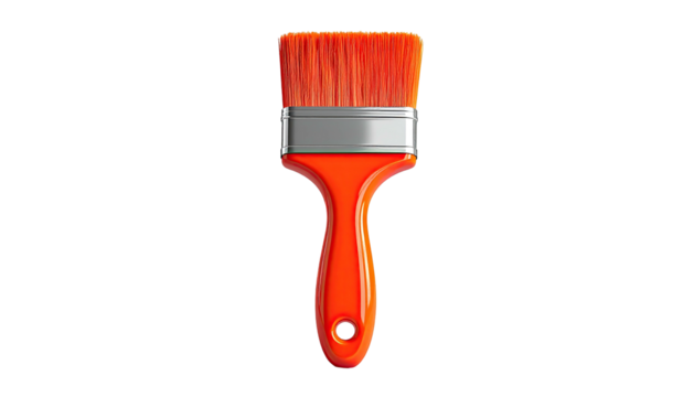 Isolated vibrant orange paintbrush, silver ferrule, against a plain black backdrop