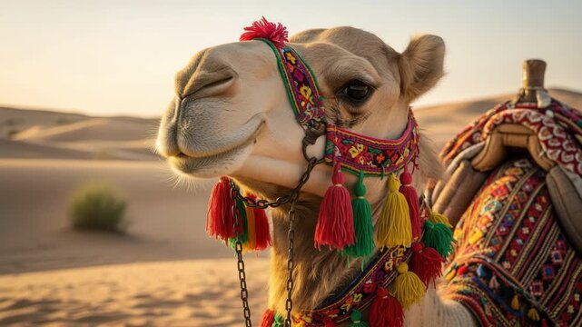 A camel with ornate Arabian saddle and bridle in a desert landscape at sunset