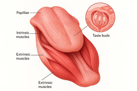 Anatomical illustration of the human tongue showing intrinsic and extrinsic muscles, papillae, and taste buds.