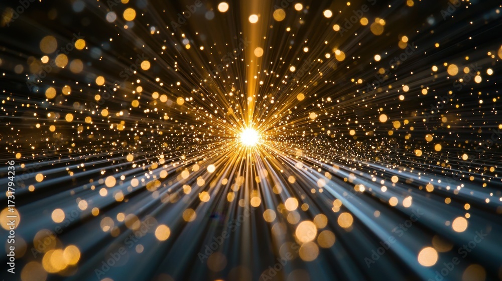 Wall mural laser beam diffraction creates radial burst pattern with golden light rays and bokeh particles sprea