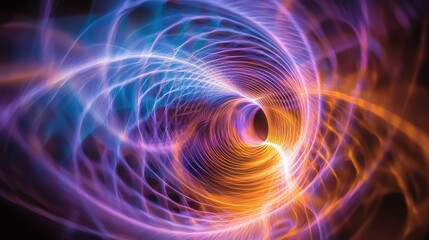 Fototapeta premium Laser diffraction patterns creating mesmerizing spiral vortex tunnel with vibrant purple blue orange light waves interference optical physics abstract energy motion