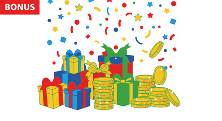 Vector illustration of a treasure hoard in a dungeon with gold coins, swords and shields, white background