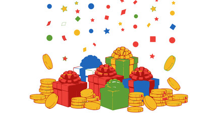 Vector illustration of a treasure hoard in a dungeon with gold coins, swords and shields, white background