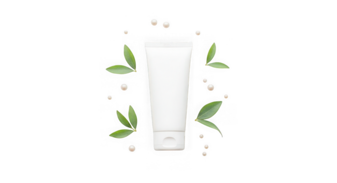 Minimalist white cream tube surrounded by delicate green leaves and small white dots isolated on transparent background