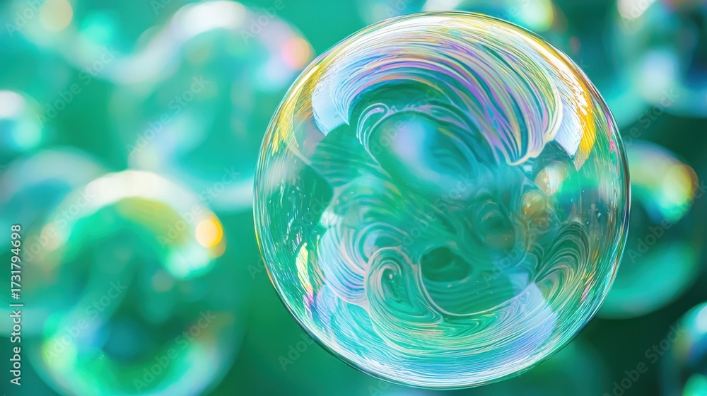 Wall mural iridescent soap bubble displaying vibrant diffraction wave patterns with swirling optical interferen